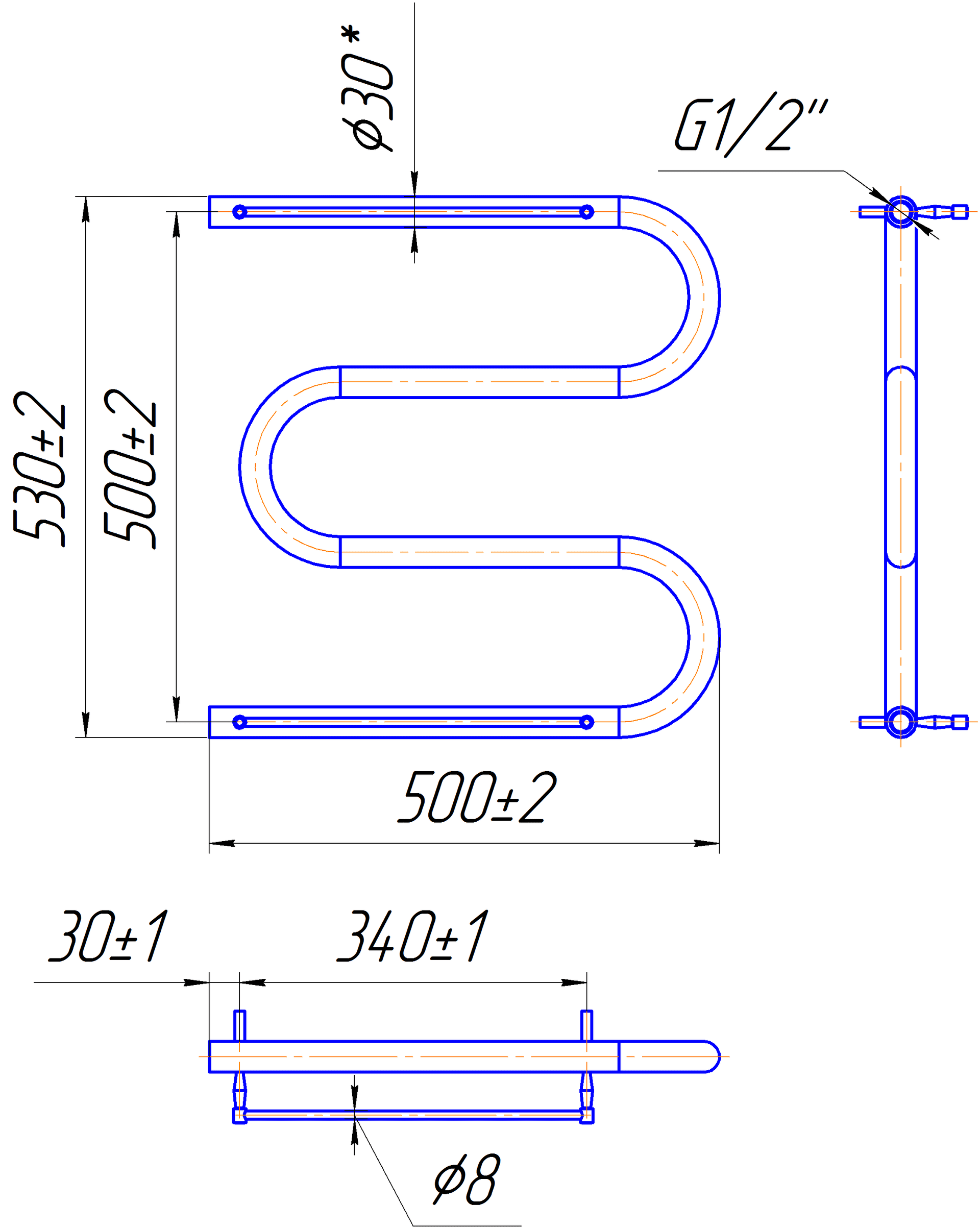Serpentine ⊘30 z półką 530×500/500, Polerowany — Zdjęcie 2 z 2